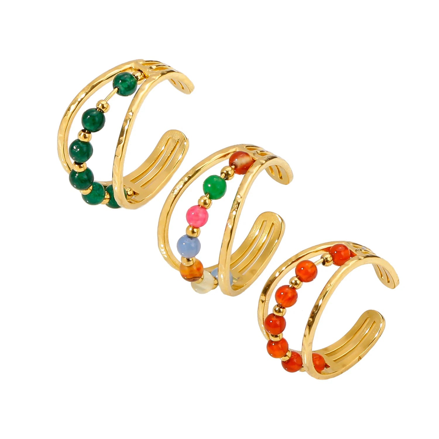 Gold Fashion Jewelry Women Triple Band Natural Stone Bead Rings