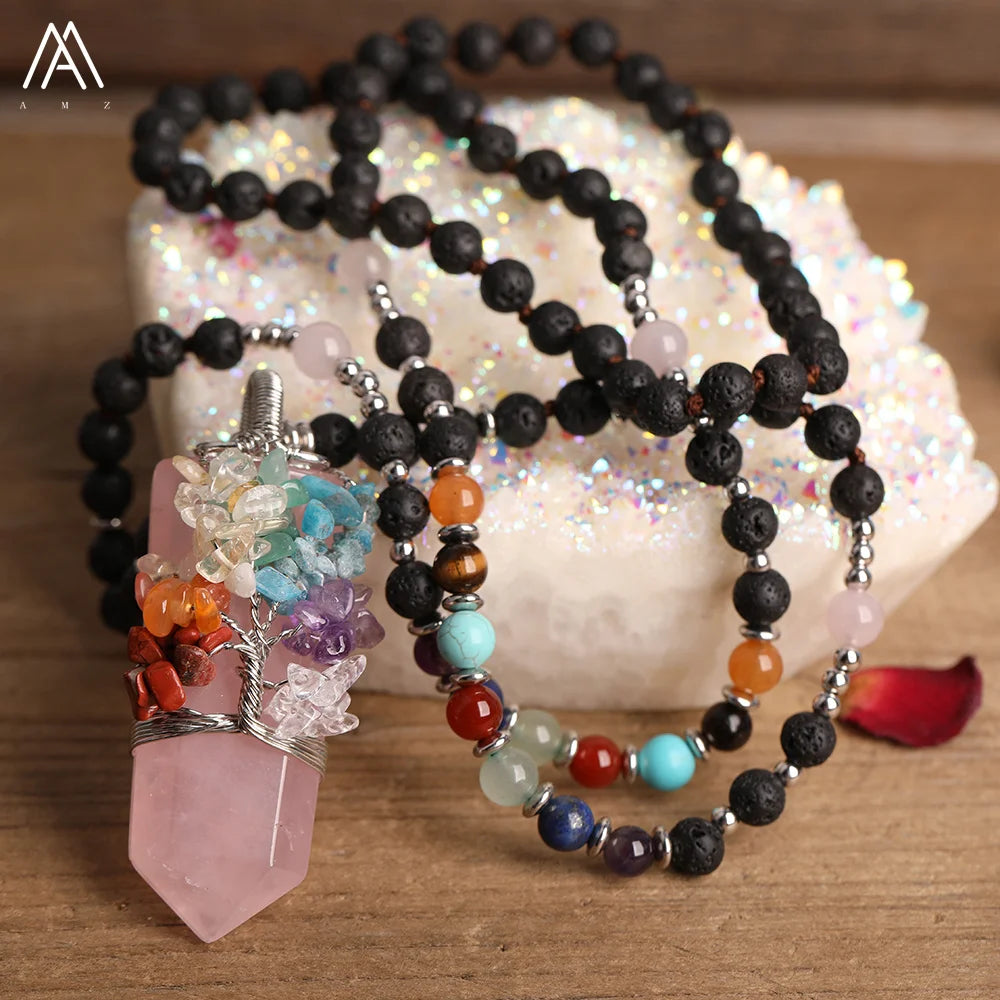 Tree of Life Pendant Necklace  Crystal Quartz Amethyst Aventurine Black Agate Opal Tiger Eye  Silver Jewelry