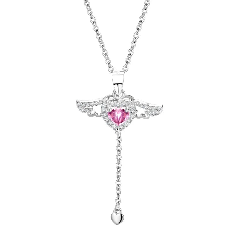 Cupid's Heart Pendant Necklace 925 Sterling Silver CZ Pink Zircon Wing Heart Necklace for Women