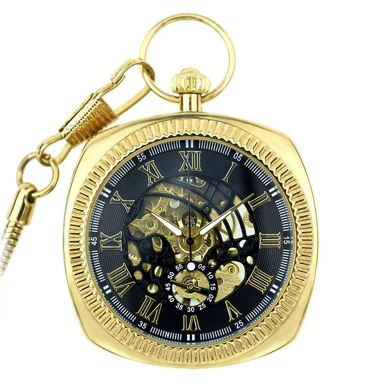 Skeleton Dia Hollow Roman Number Square Manual Vintage Mechanical Pocket Watches