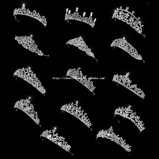 Custom Design Wholesale Bridal Wedding Rhinestone Crowns & Crystal Metal Crown Tiaras in Bulk with Clear Silver Plated