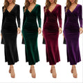 European and American Women's V-neck Long Sleeved Velvet Slim Fitting Evening Dress