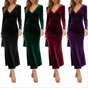 European and American Women's V-neck Long Sleeved Velvet Slim Fitting Evening Dress