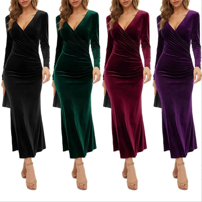 European and American Women's V-neck Long Sleeved Velvet Slim Fitting Evening Dress