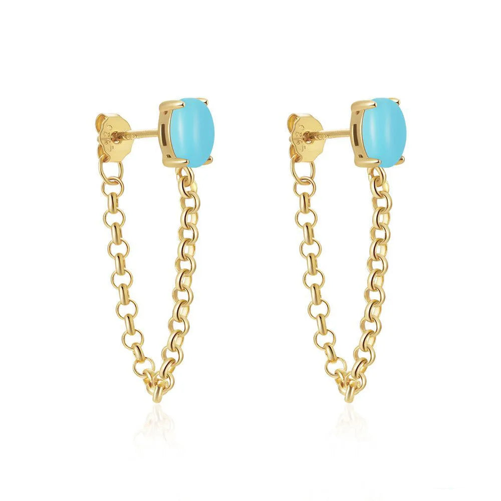 Fashion Jewelry 925 Sterling Silver Earring 18K Gold Plated Turquoise Long Chain Stud Earrings