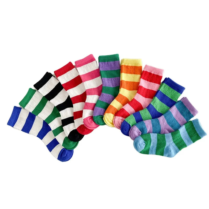 Children's Cotton Breathable Boys Girls' Socks 2023 Spring Summer Thin Colored Horizontal Striped Loop Moving Short Kids Socks
