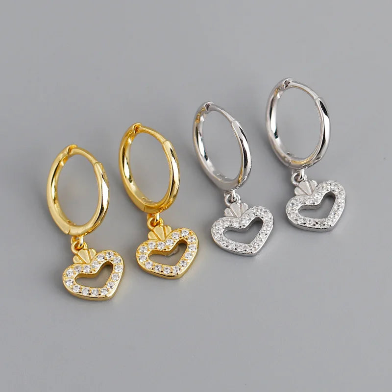 New Fashion Cute Design 925 Sterling Silver CZ Micro Pave Heart Charm Pendant Hoop Drop Earrings Women