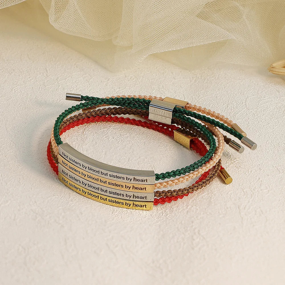 Custom Engraved Stainless Steel Bar Bracelet Adjustable With Braided Cord Friendship Bracelet