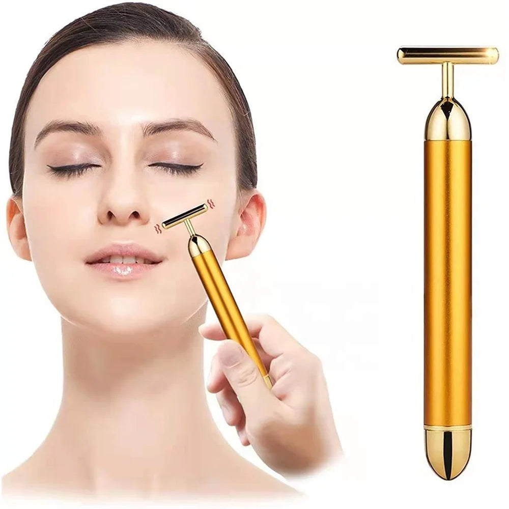 24K Gold Energy Beauty Bar Vibrating T Shape Electric 3D Face Roller Jade Roller for Skin Care Lifting Electric Facial Massager