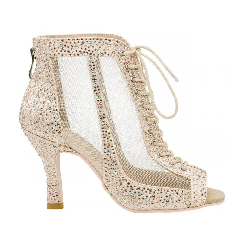 New Arrival Latin Salsa Ballroom Dance Shoes for Women Khaki Satin with 7cm Heel and Rhinestone Size US 4-12