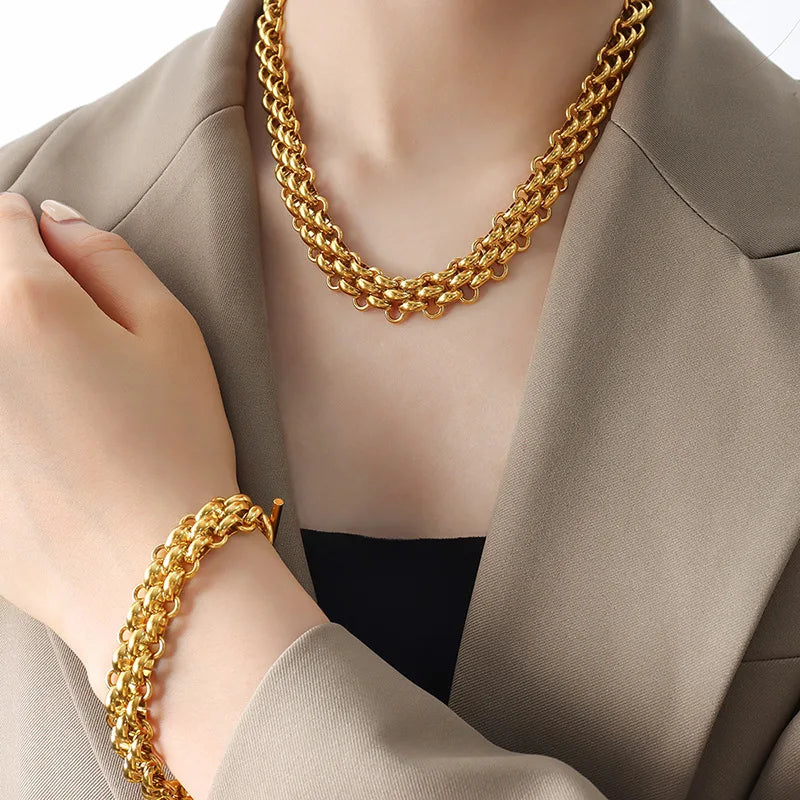 2023 Vintage 18K Gold Plated Stainless Steel Coarse Chain Necklace Bracelet Jewelry Sets