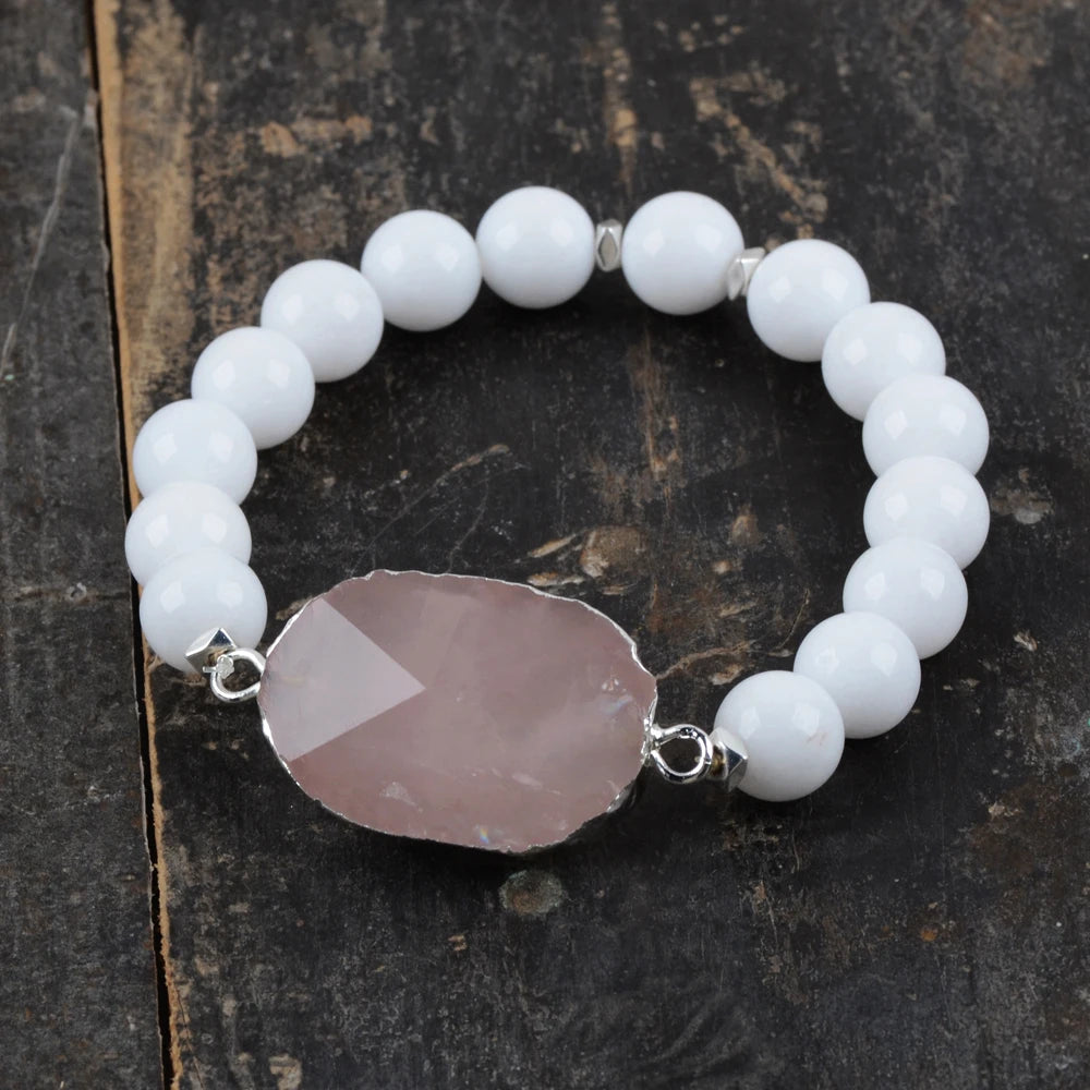 HD0252 Natural Rose Quartz and White Jade  Bracelet Pink Quartz Crystals Healing Stones Bracelet