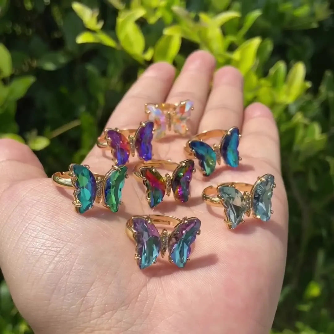 Bohemian 18k Gold Plated Multi Colors Butterfly Opening Ring Adjustable Gradient Colored Crystal Butterfly Finger Ring
