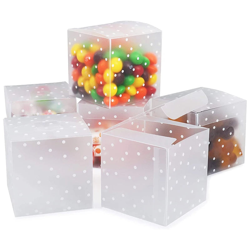 Small Clear PVC Scratch Resistant Cube Wedding Favor Sweet Chocolate Candy Gift Box White Polka Dot Recycled Varnishing