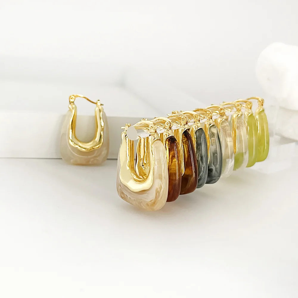 E0826 14k Gold Plated Earrings Geometric U-shaped Colorful Jelly Earrings Acrylic Resin Hoop Earrings for Women
