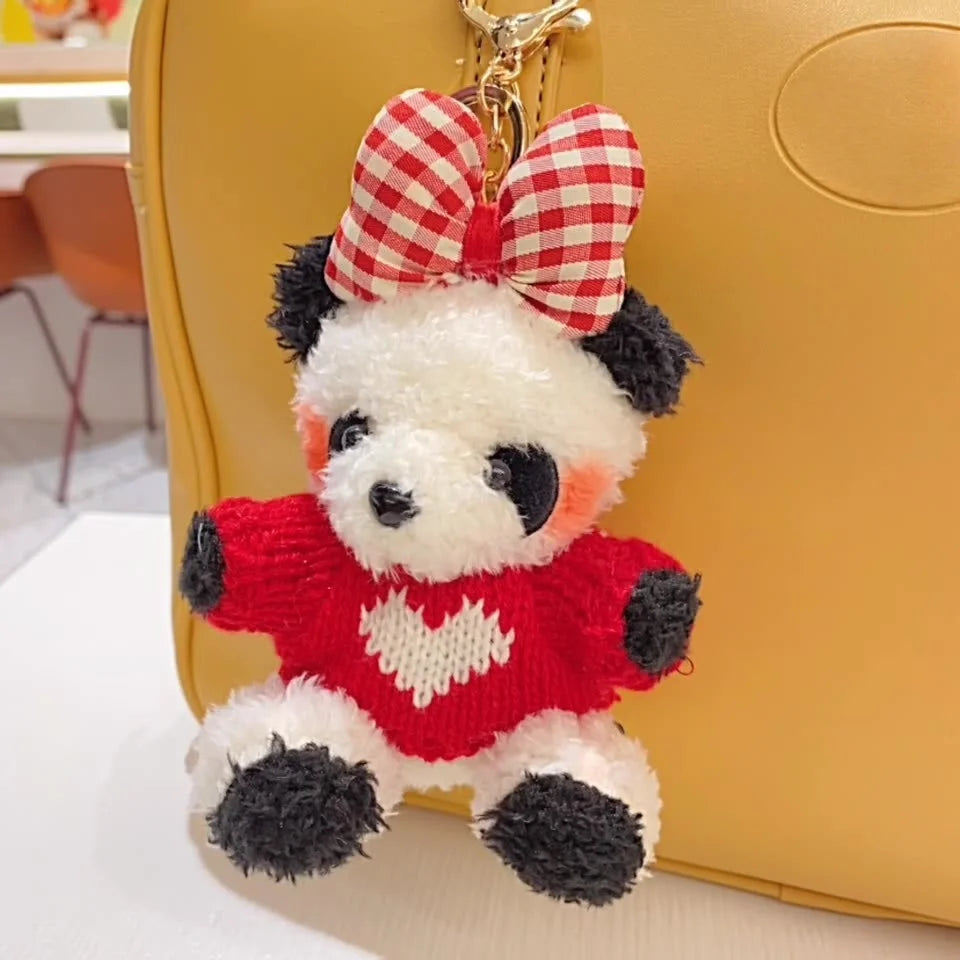 Peluches DIY Heart Crochet Sweater Panda Doll Keychain Stuffed Animal Toys Plush Keychain Plushie Bow Panda Keychain Accessories