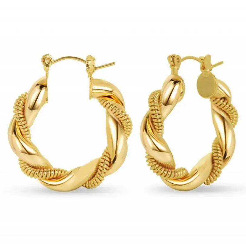 Women's Stainless Steel 18K PVD Gold Plated Earrings Chunky Twisted Hoop Zircon Geometric Pattern Non-Tarnish Gold