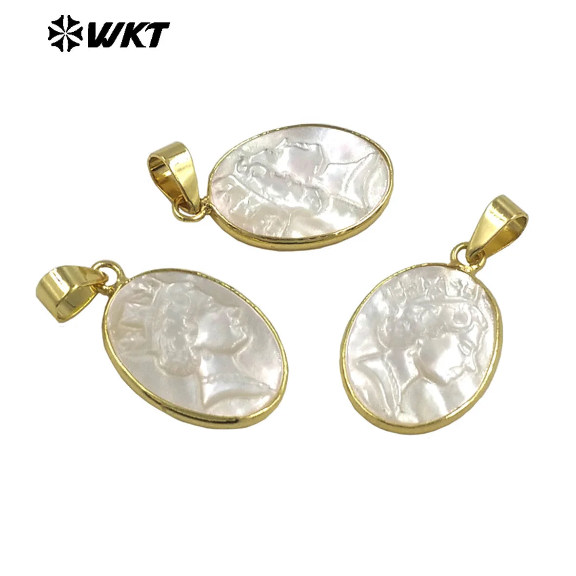 WT-JP331 Newest Fashion Gold Bezel Mother of Pearl Shell Carved Queen Elizabeth Pendants Charming the Beauty Head Pendants
