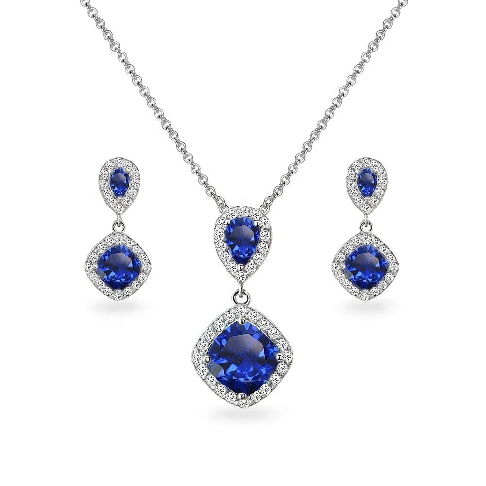 Custom 925 Sterling Silver Jewelry Cushion Cut Blue Tanzanite Dangle Earrings Necklace Set