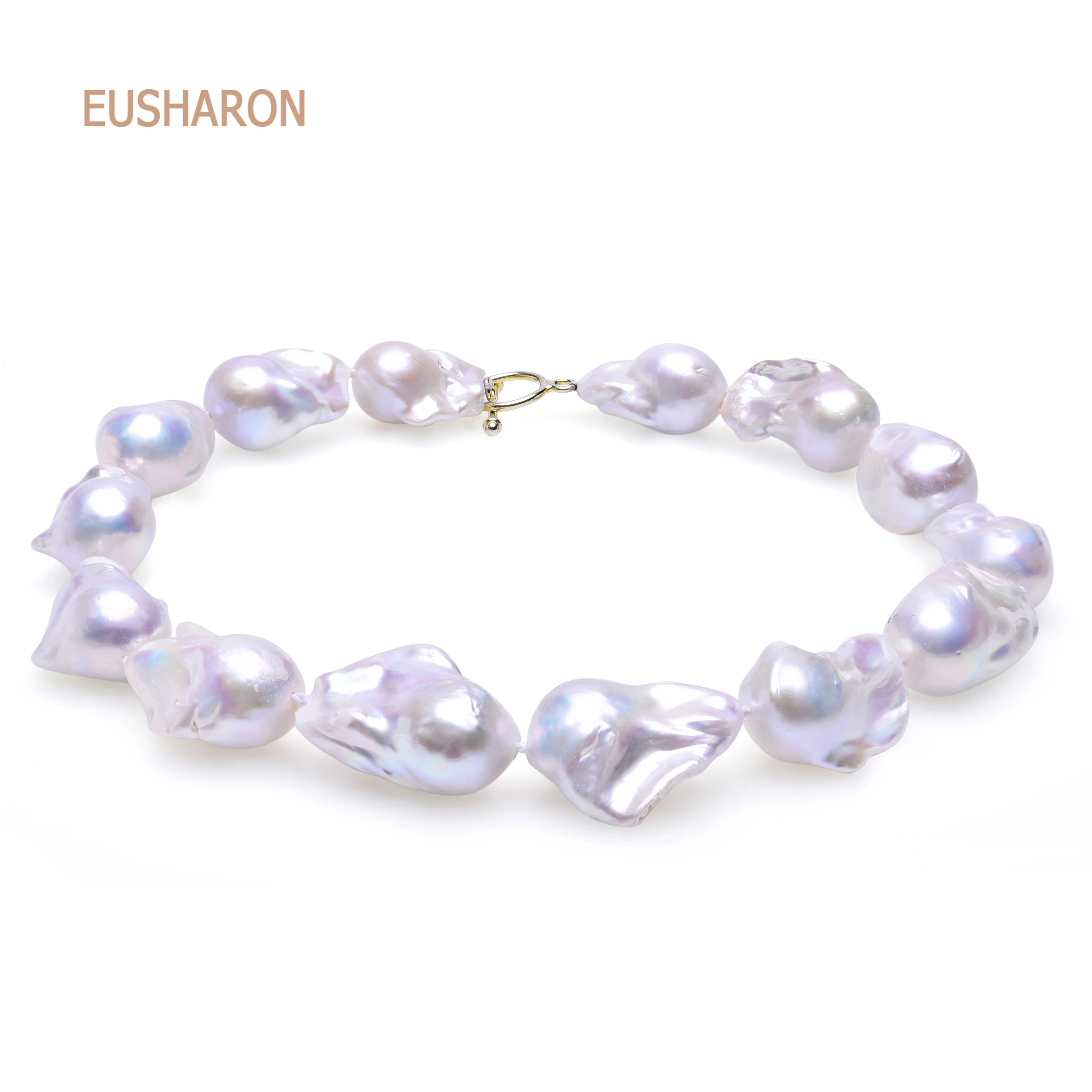 EUSHARON Custom 18k Gold Buckle 18-26mm Natural Large Baroque Pearl Necklace
