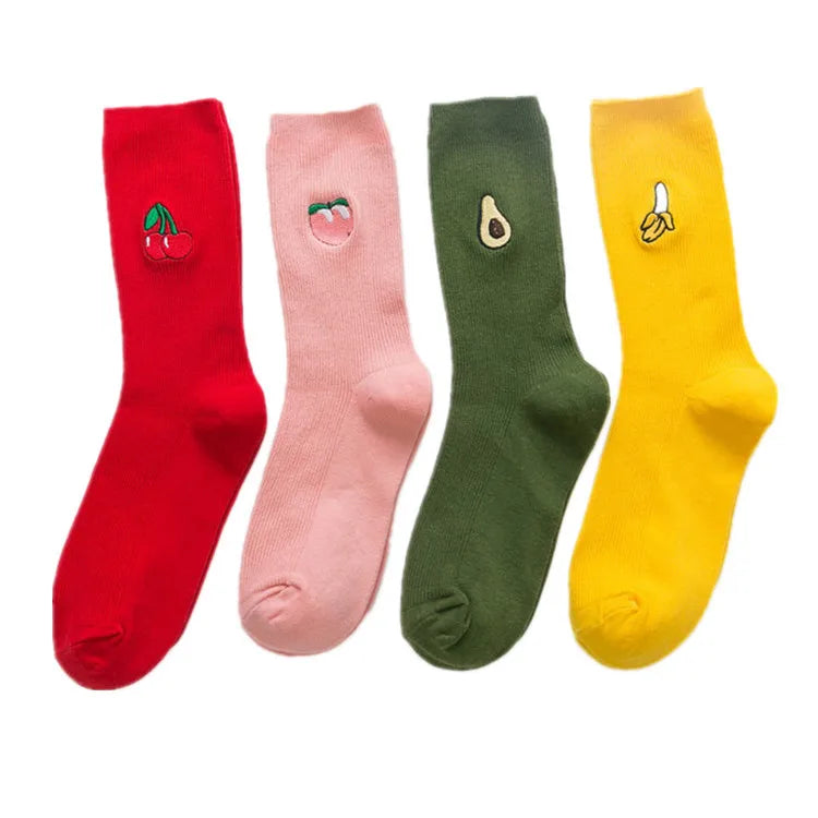 Cute Cartoon Fruit Pattern Banana Cherry Girls Women Cotton Socks Korean Embroidery Funny Long Socks