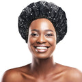 Custom Waterproof Luxury Big Jumbo Microfiber Lined Satin Outside Triple Layer Black Shower Cap