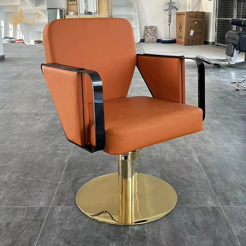 Wholesale Orange Leather Barber Chair Gold Base Salon Beauty Furniture for Hair Salon