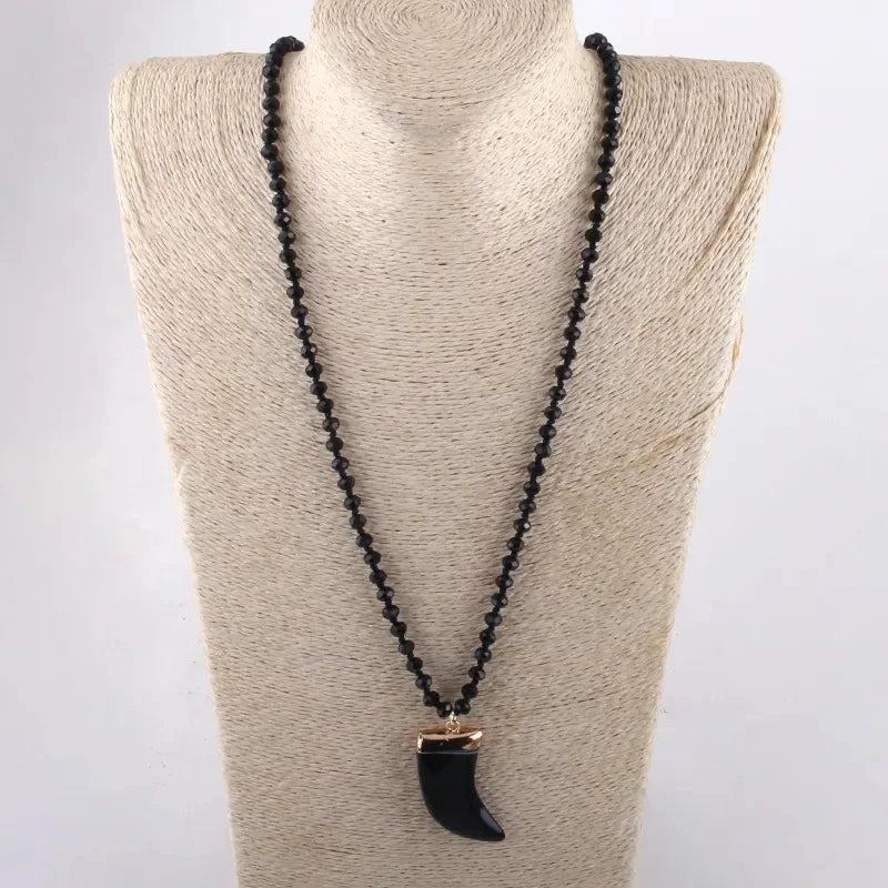8mm Natural Irregular Smoked lava Pebble Necklace with Crystal Glass Knotted Horn Pendant