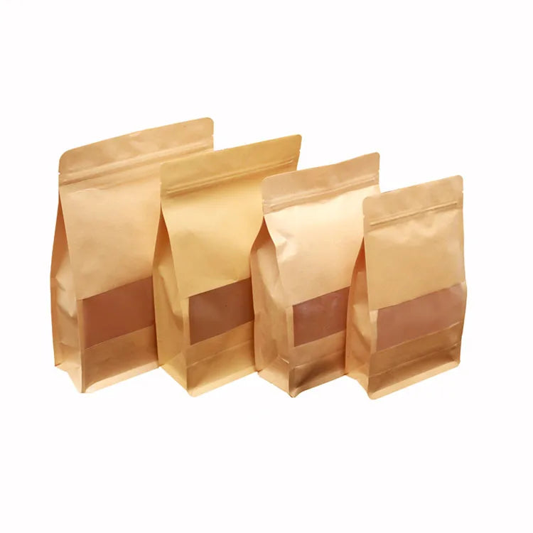 Custom High Quality Eight Side Seal Flat Bottom Zip Lock Kraft Paper Food Bag with Window