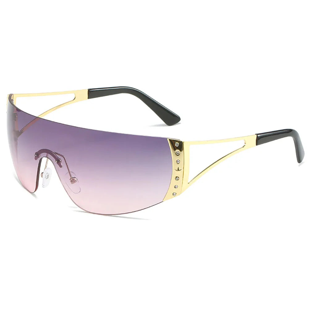RetroTrendy Luxury Brand 2022 One Piece UV400 Sunglasses for Women Blue Metal Oversized Wrap Sun Glasses Crystal Y2K Eyewear