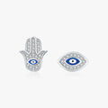 925 Sterling Silver Sparkling Clear CZ Earring for Women Fine Jewelry Blue Enamel Evil Eyes Hand of Fatima Stud Earrings