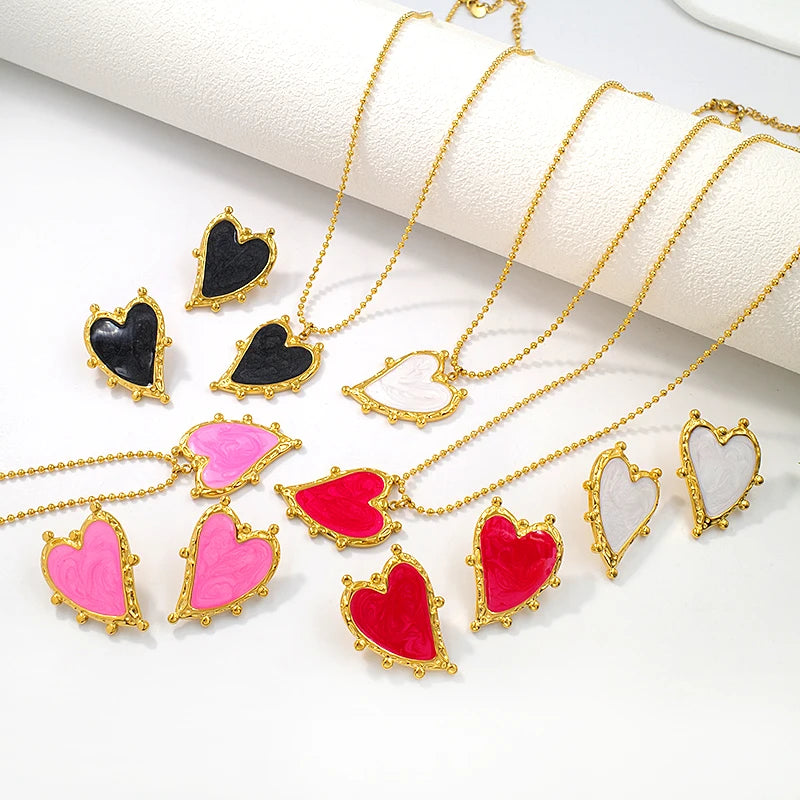 Luxury Designer Wholesale Jewelry Gold Plated Bead Chain Colour Drip Oil Enamel Heart Pendants and Charms Necklace Earrings SET