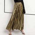 Plus Size XXL Spring Metallic Pleated Maxi Skirt High Waist Harajuku Large Swing Gold Long Skirts for Women