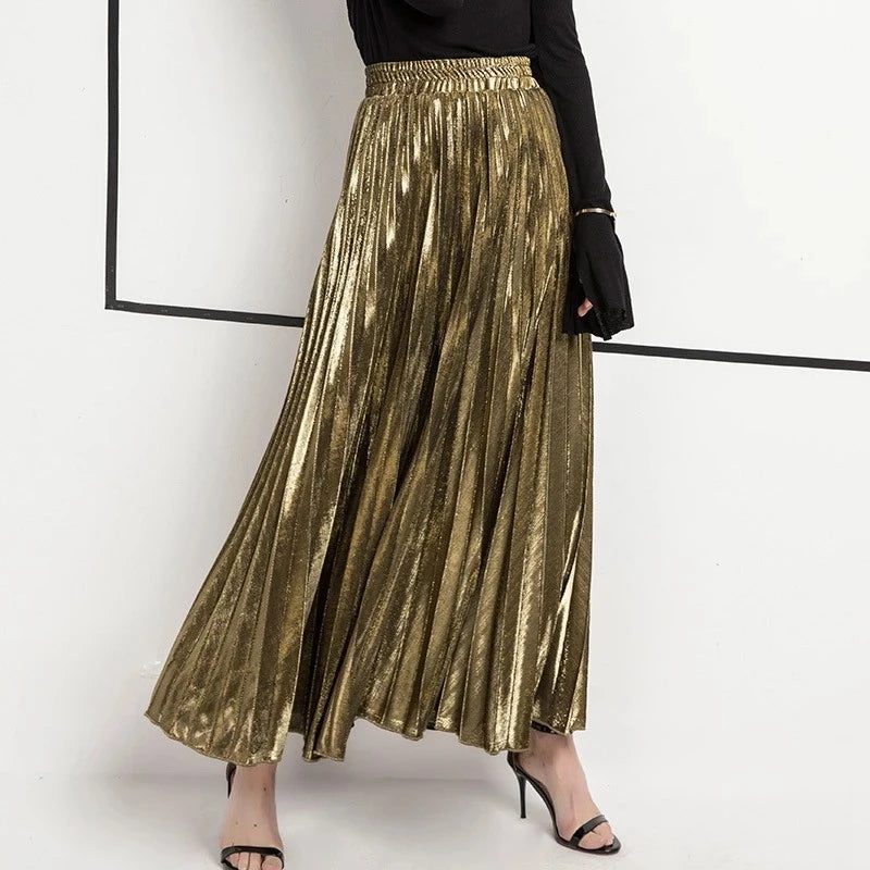 Plus Size XXL Spring Metallic Pleated Maxi Skirt High Waist Harajuku Large Swing Gold Long Skirts for Women