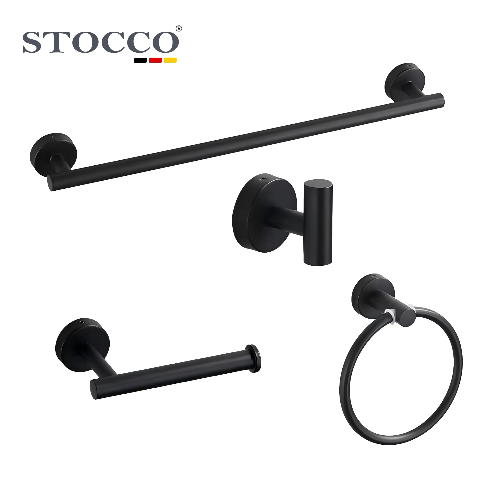STOCCO 4-Piece Matte Black Wall-Mounted SUS304 Stainless Steel Towel Bar Paper Holder Kit Eco-Friendly Modern Design for Luxury