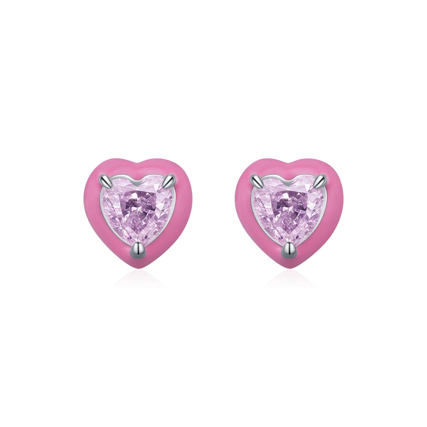 Wholesale 925 Sterling Silver Pink Enamel Heart Stud Earrings Crushed Ice Cut CZ for Women Valentine's Mother's Day Gift
