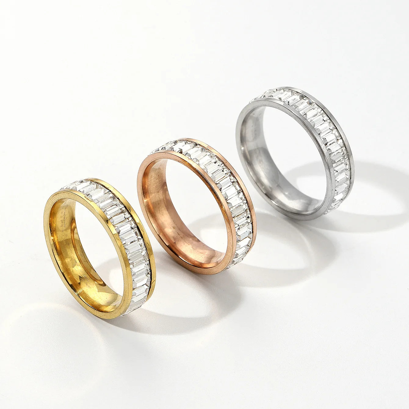 Stainless Steel Mini Shiny Rhinestone Square Zircon Inlaid Wedding Rings for Couples Set and Engagement