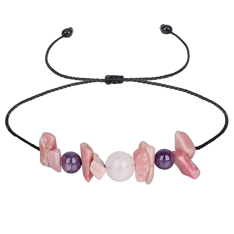 Minimalist Handmade Crystal Bracelet for Women Ins Trendy Woven Adjustable Bracelet Natural Rose Quartz Amethyst Beads Wax Rope