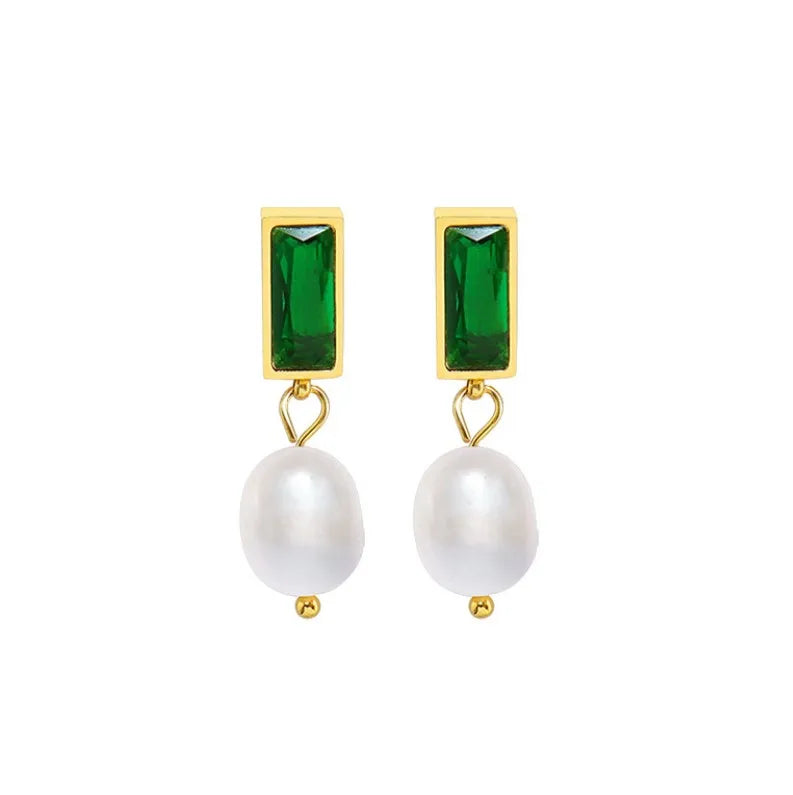 High Quality Stainless Steel Freshwater Pearl Pendant Green Color Zirconia CZ Stub Earrings