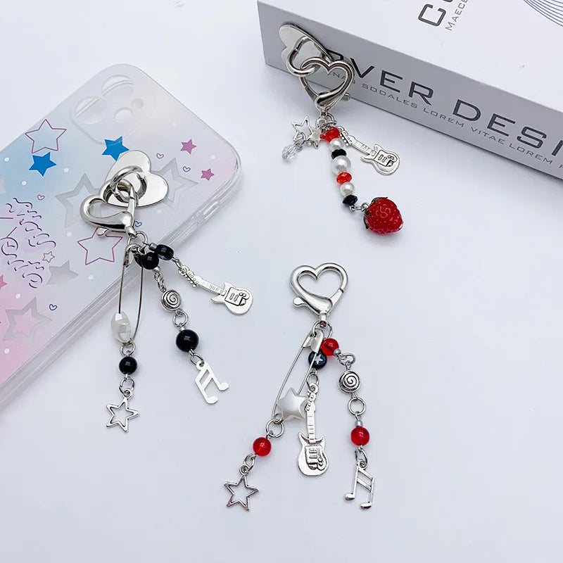 Mobile Phone Charm Fruit Strawberry Keychain Kawaii Guitar Heart Star Bow Sweet Key Chains Phone case Chain Pendant Y2K Keychain
