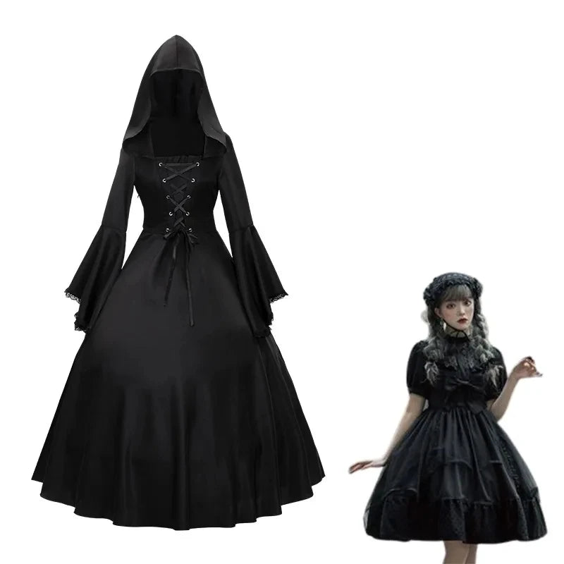 Fashion Vintage Retro Popular Women's Gothic Dress With Hood Medieval Costume Corset Renaissance Dress Victorian Witch Dress
