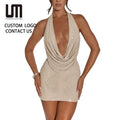 Liu Ming Women's New Arrival Halter V Neck Glitter Backless Evening Mini Dress Y2K Style Diamond Decoration Digital Printing