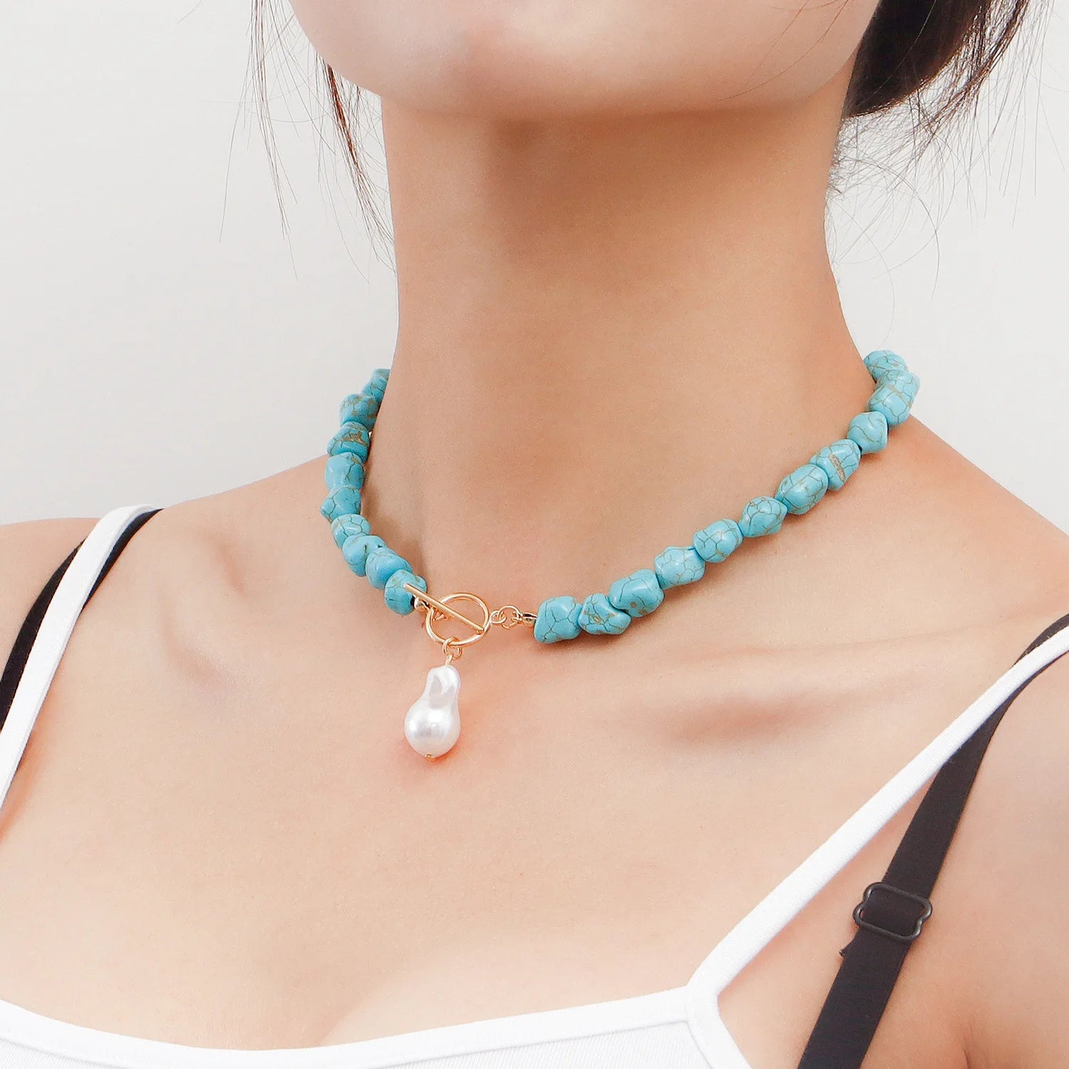 Zooying Natural Stone Turquoise Necklace OT Closure Baroque Pearl Pendant Fine Jewelry Necklace