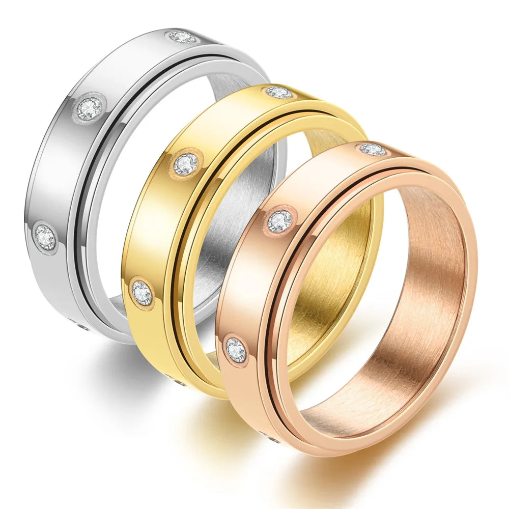High Polished Tarnish Free Titanium Steel Diamond Stone Anxiety Spinner Rings 18k Gold Plated Stainless Steel Spinner Ring