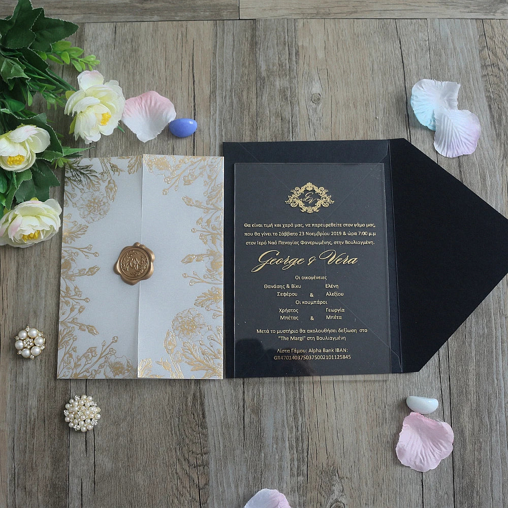 Customized Vellum Cover Wraps Acrylic Wedding Invitation with Wax Seal and Black Envelope