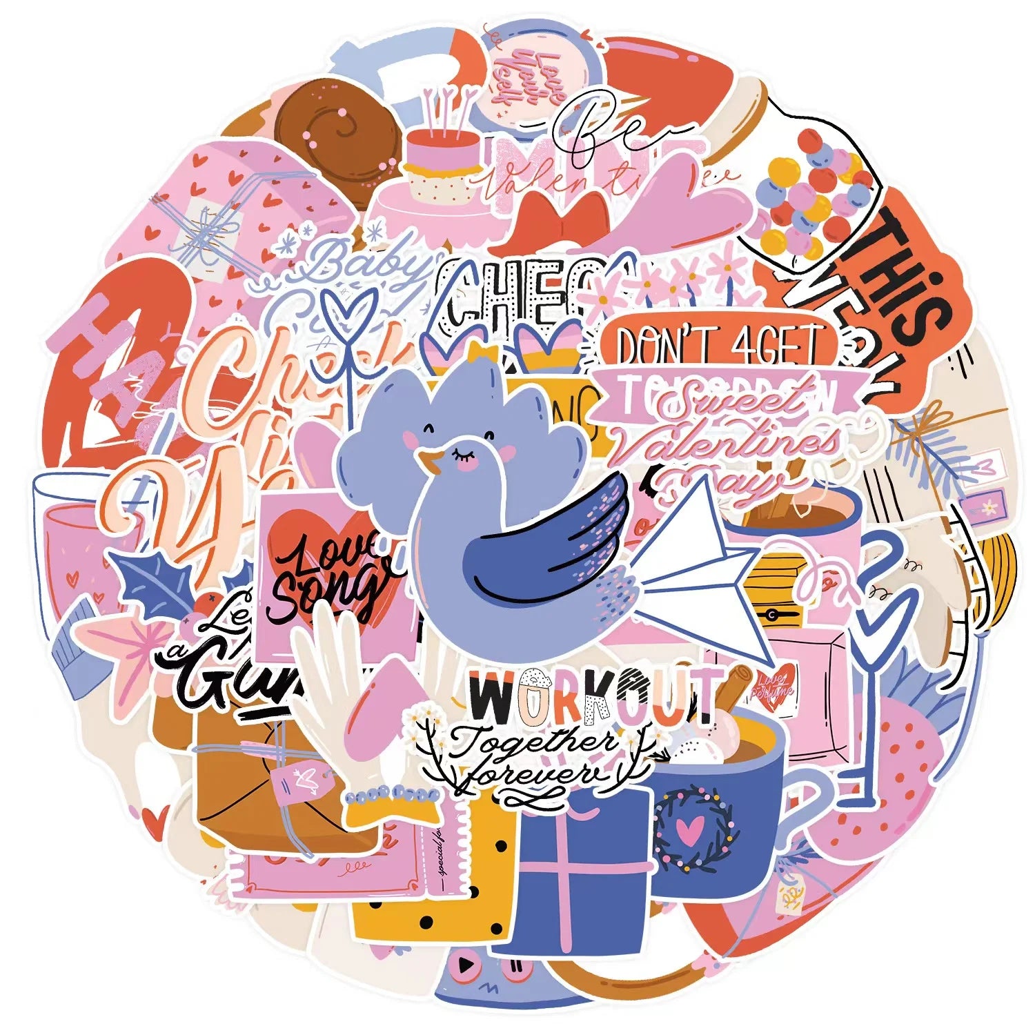 50pcs Romantic Valentine's Day Stickers Mobile Phone Notebook Water Cup Decorative Stickers Waterproof Children Cartoon