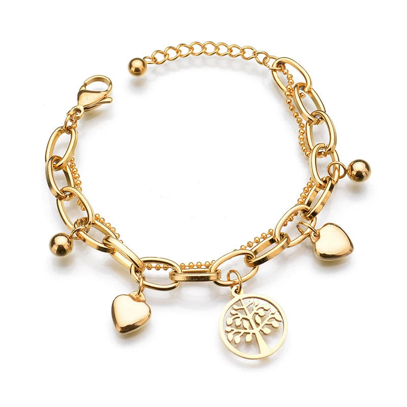 GT Women's Stainless Steel for Bracelet with Multi-Layer Beads Chain Tree of Life & Heart Charm Fashionable Jewelry