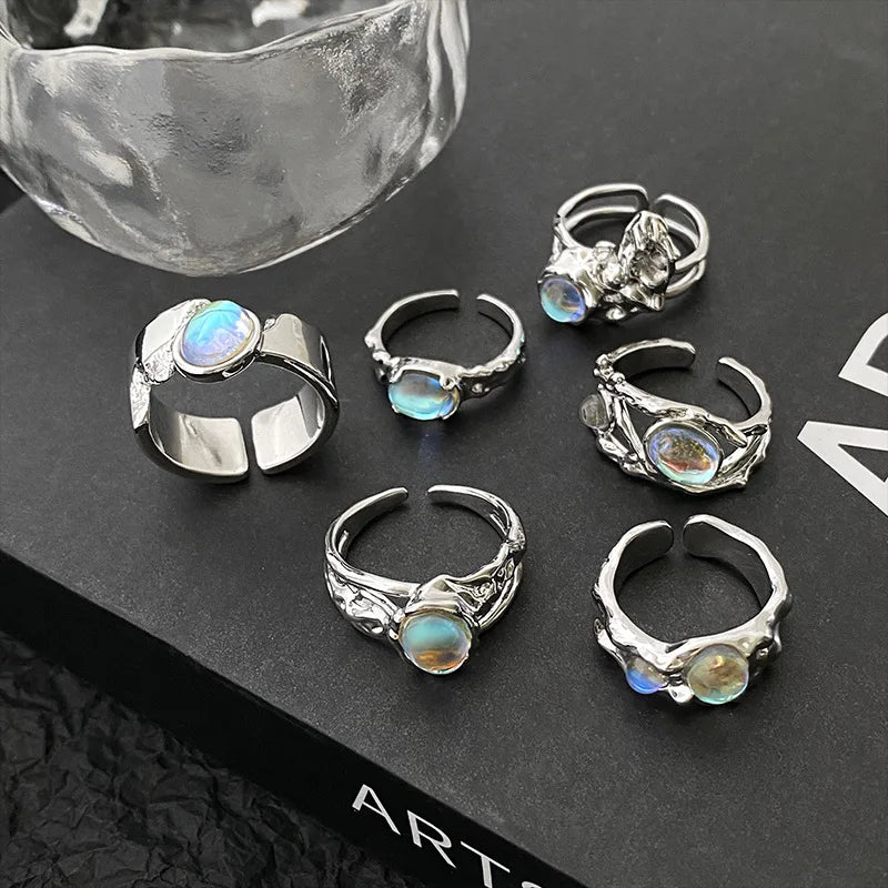 Wholesale Fashion Gold Plated Ring Set For Women Metal Circle Knuckle Rings Trendy Jewelry Natural Rainbow Moonstone Ring