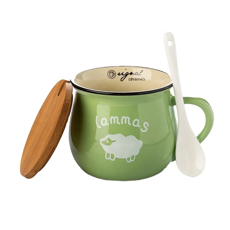 Customer logo Colorful Decal Printing Design 150ml 250ml 350ml Green Ceramic Water Coffee Milk Mug Cup with Bamboo Lid
