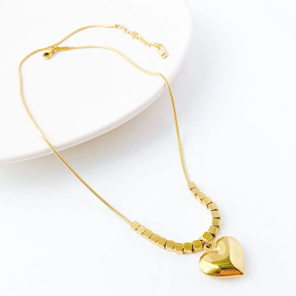Women Fashion Stainless Steel 18k Gold Plated love Heart Charm Pendant square Beads Chain Necklace Jewelry Necklaces